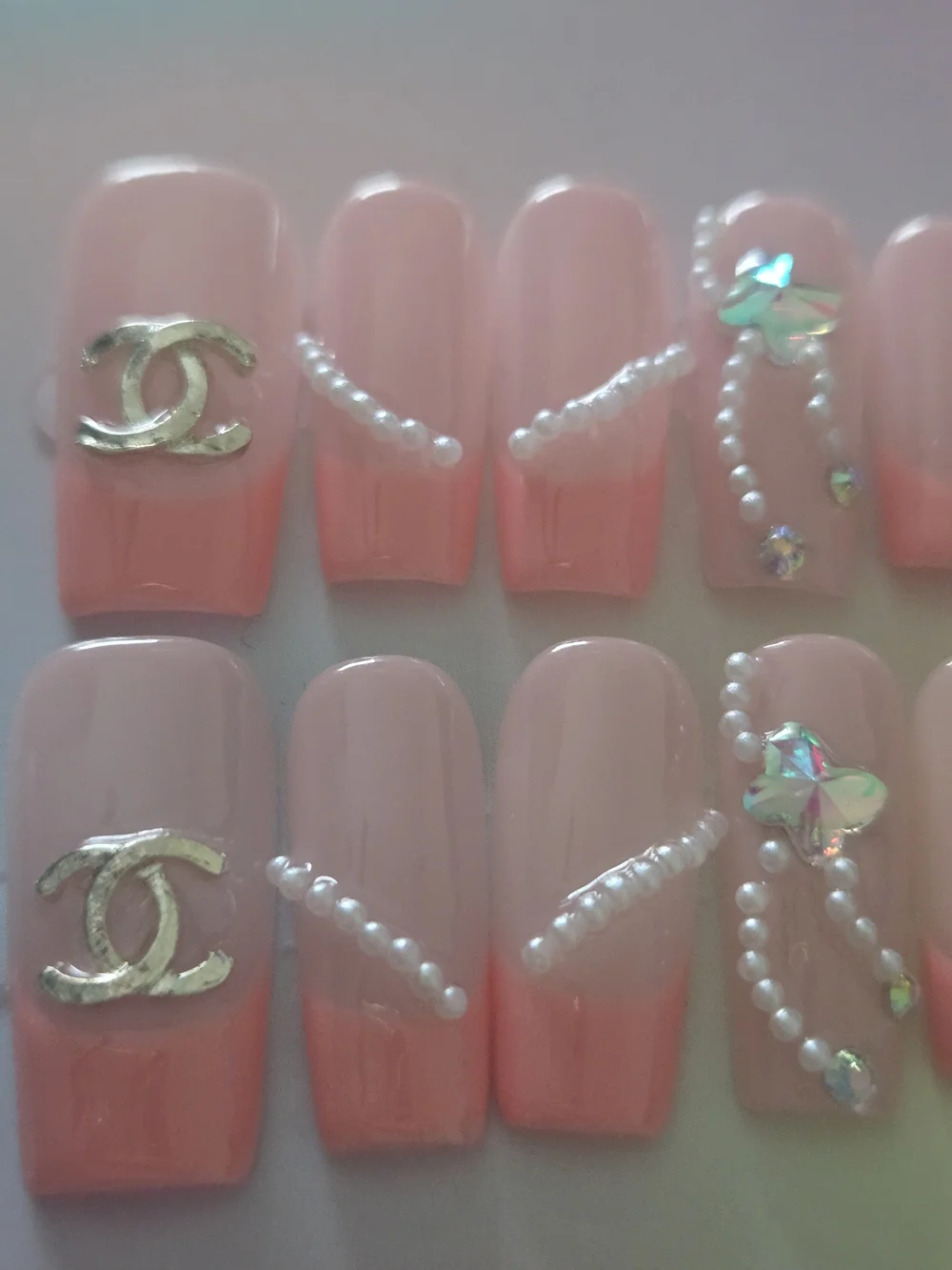 Pink Ombre Pearl & Crystal Accent Press-On Nails